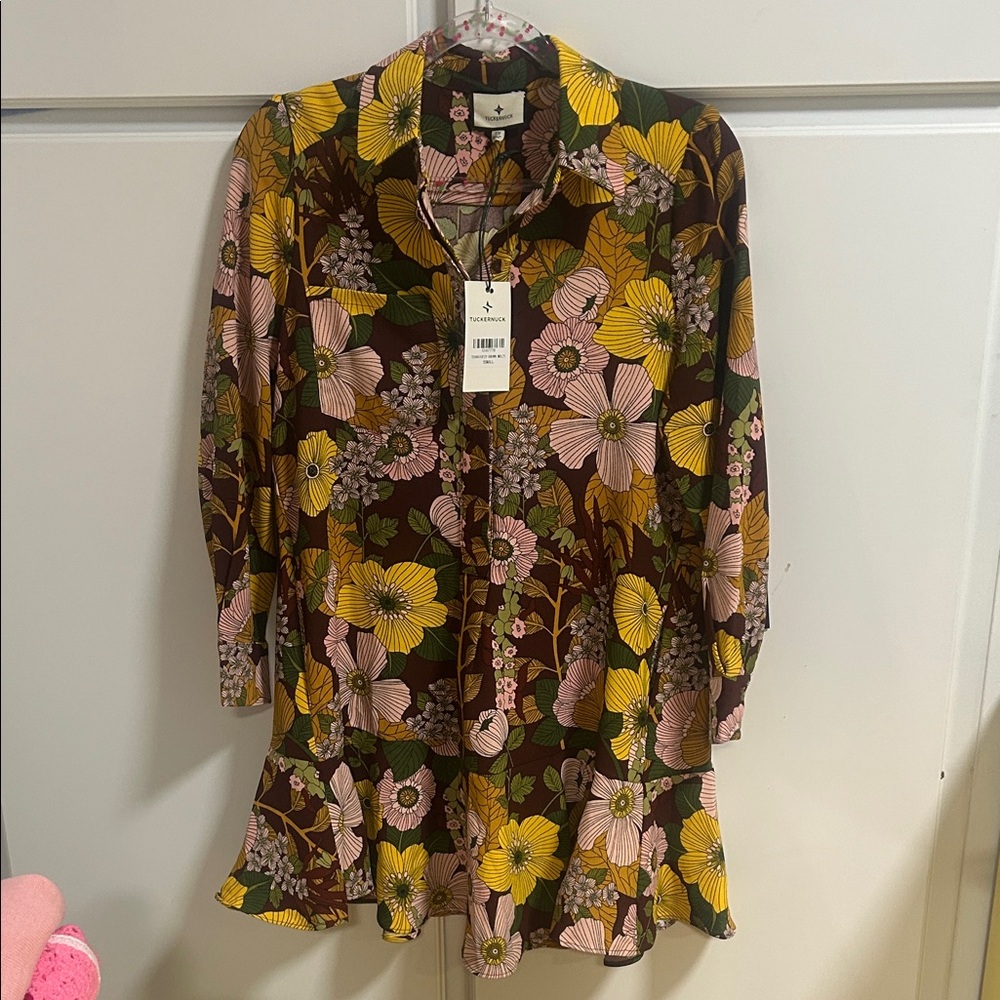 Tuckernuck Mini Floral Crepe Shirt Dress - Brown, Yellow, Pink NWT
